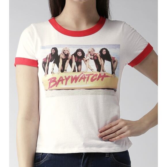 Baywatch Graphic Ringer Tee Lifeguard 80s Aesthetic Contrast Trip Small - Picture 1 of 8